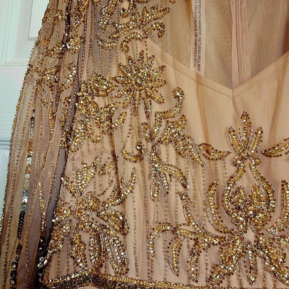 Mac Duggal Beaded Illusion Puff Sleeve Gown - Nude Gold Size 16 - NWT - Picture 5 of 14